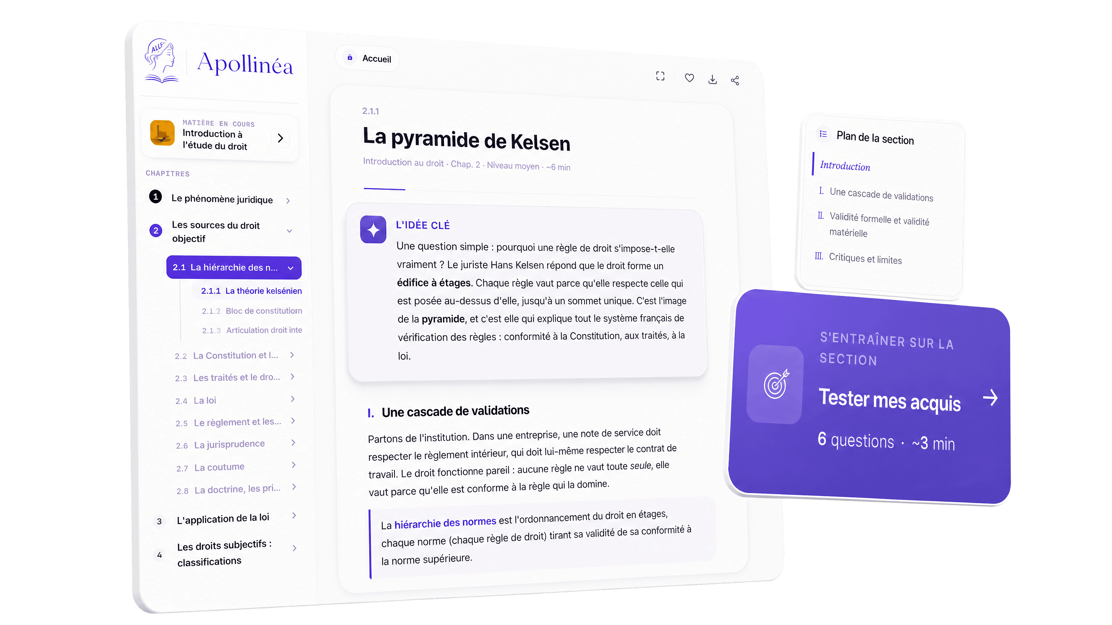 Lecteur Apollinéa consacré à la pyramide de Kelsen, avec plan de cours, notion essentielle et quiz intégré