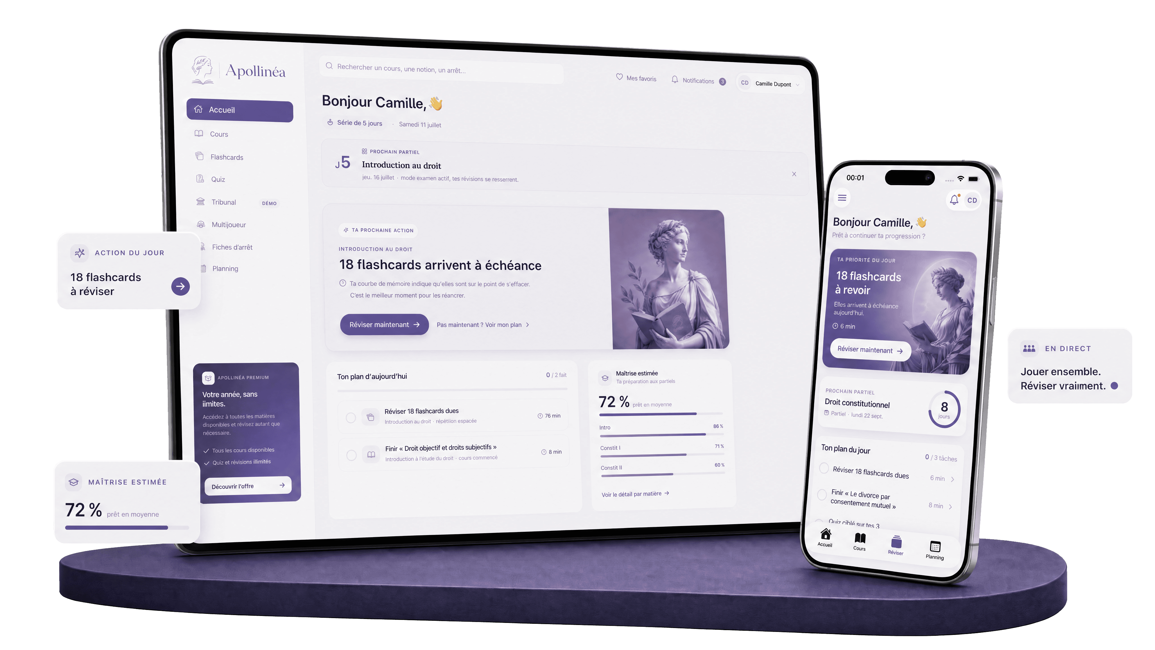 Apollinéa sur le web et sur iPhone, avec le tableau de bord, les révisions et le multijoueur